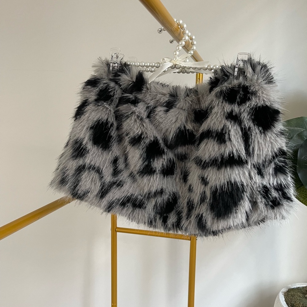 Black and gray faux fur mini skirt